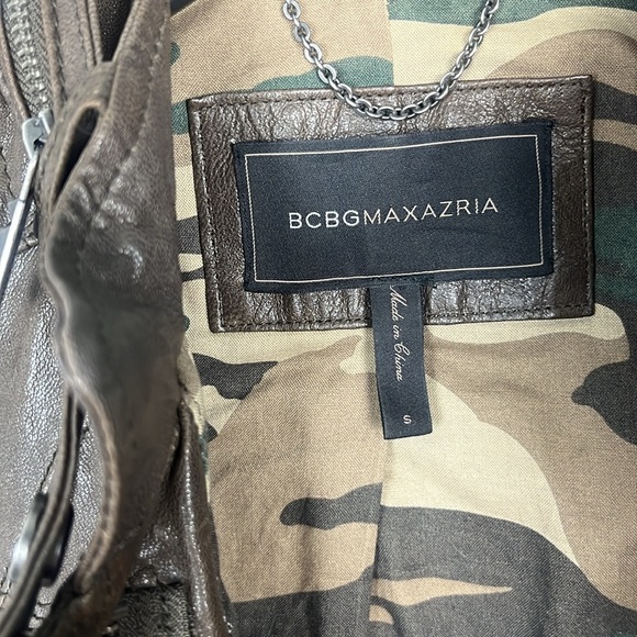 BCBG Max AZRIA army brown leather like new jacket fitted amazing details Sm - Picture 2 of 9